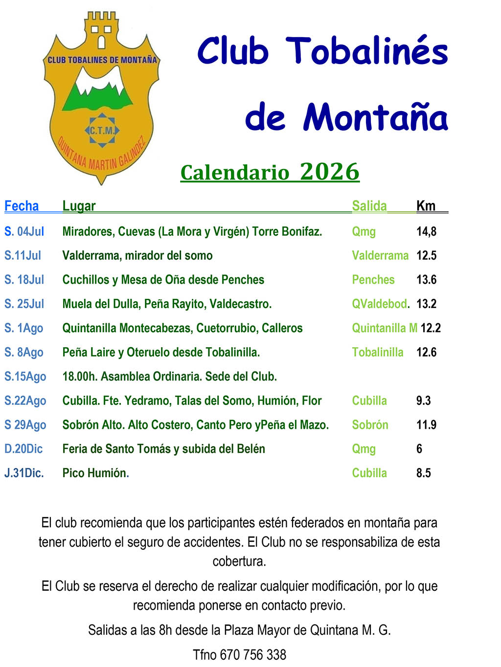 Salidas Club Tobalinés de Montaña - 2026