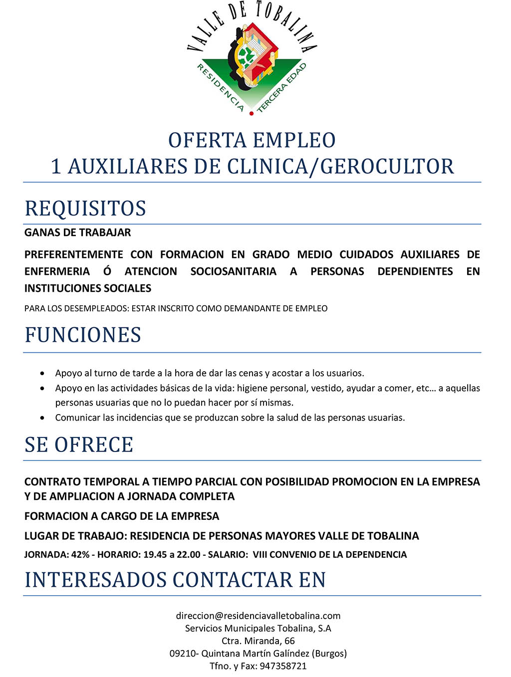 Oferta de Empleo Residencia Valle de Tobalina