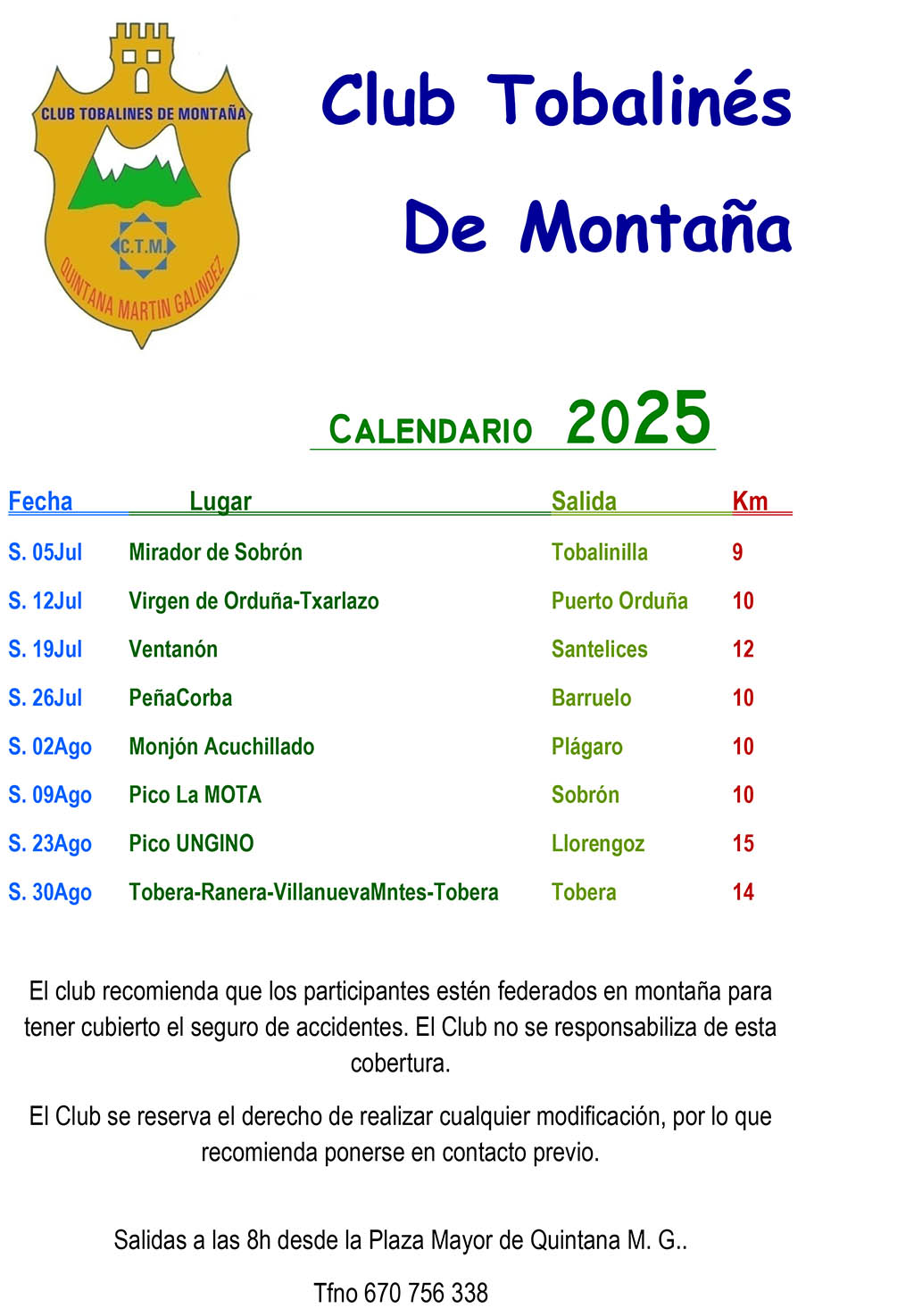 Calendario 2025 Club Tobalinés de Montaña